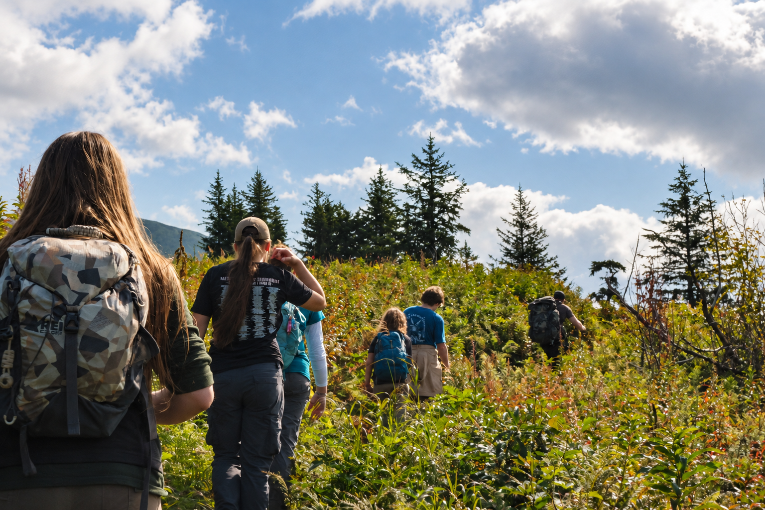 ABC students hiking through the coastal forest near Seldovia