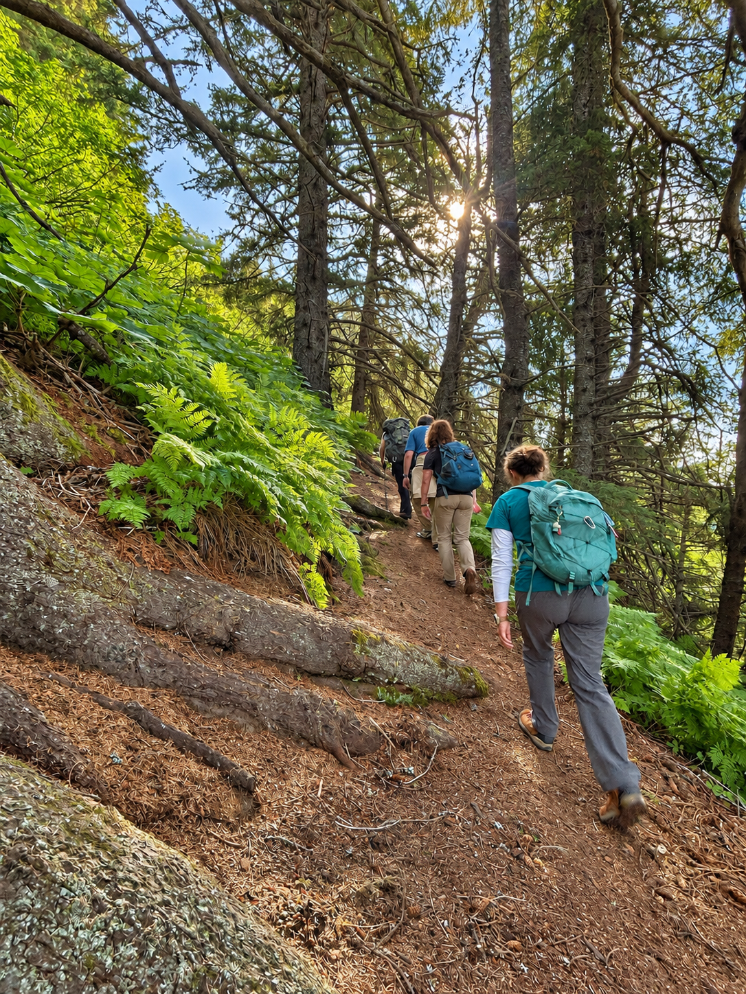 Alaska Bible College students hiking a forest trail near Palmer
